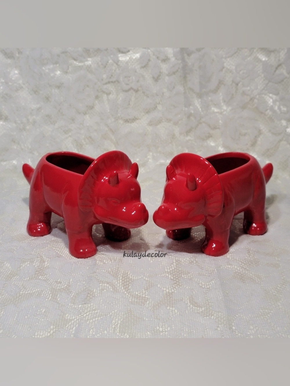 Set of 2 Hand Painted Red Ceramic Triceratops Planter Animal Plant Holder NWOT